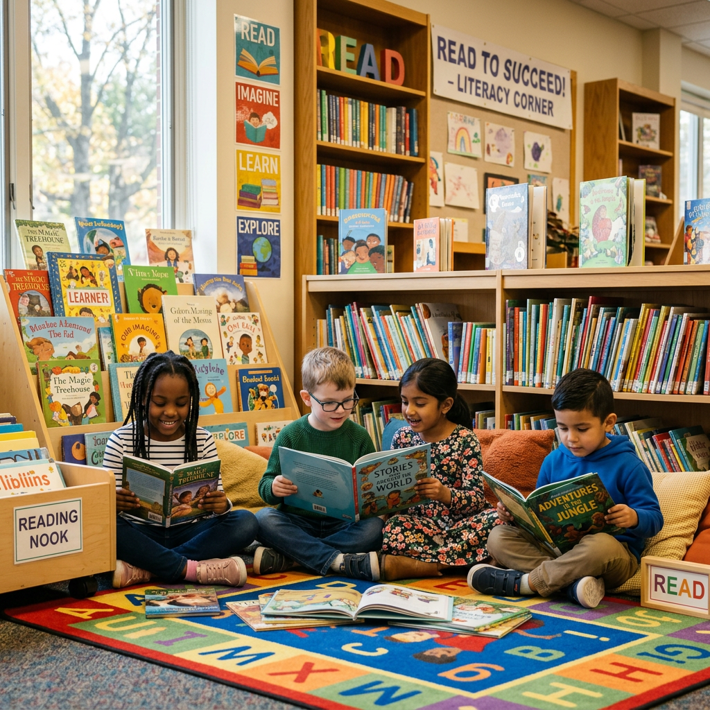 Four children sitting on a colorful alphabet rug in a library reading storybooks.